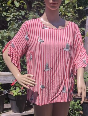 Mandee Red and White Striped Blouse with Bird Print Large